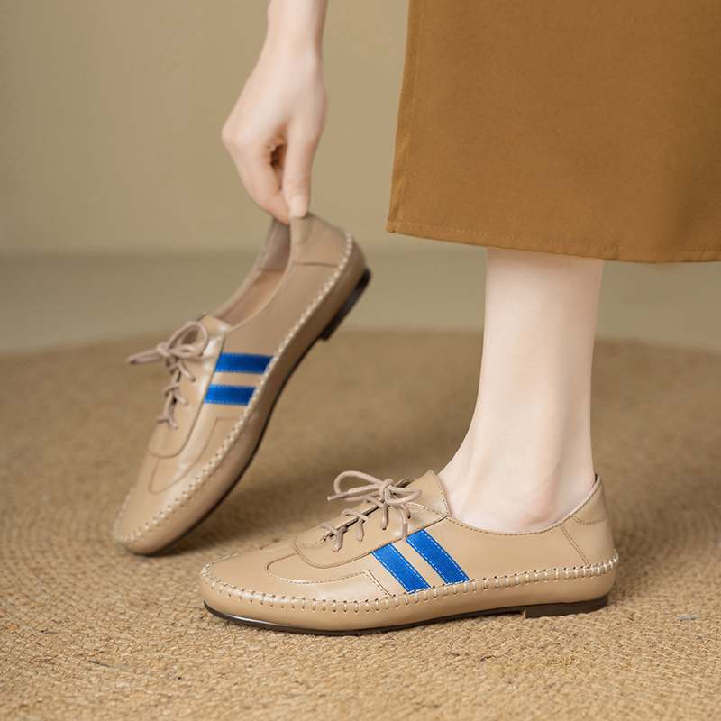 Krazing Pot Cow Skin Round Toe Size 43 Flat with Fashion Lace Up Leisure Handmade Comfortable Light Autumn Sneakers