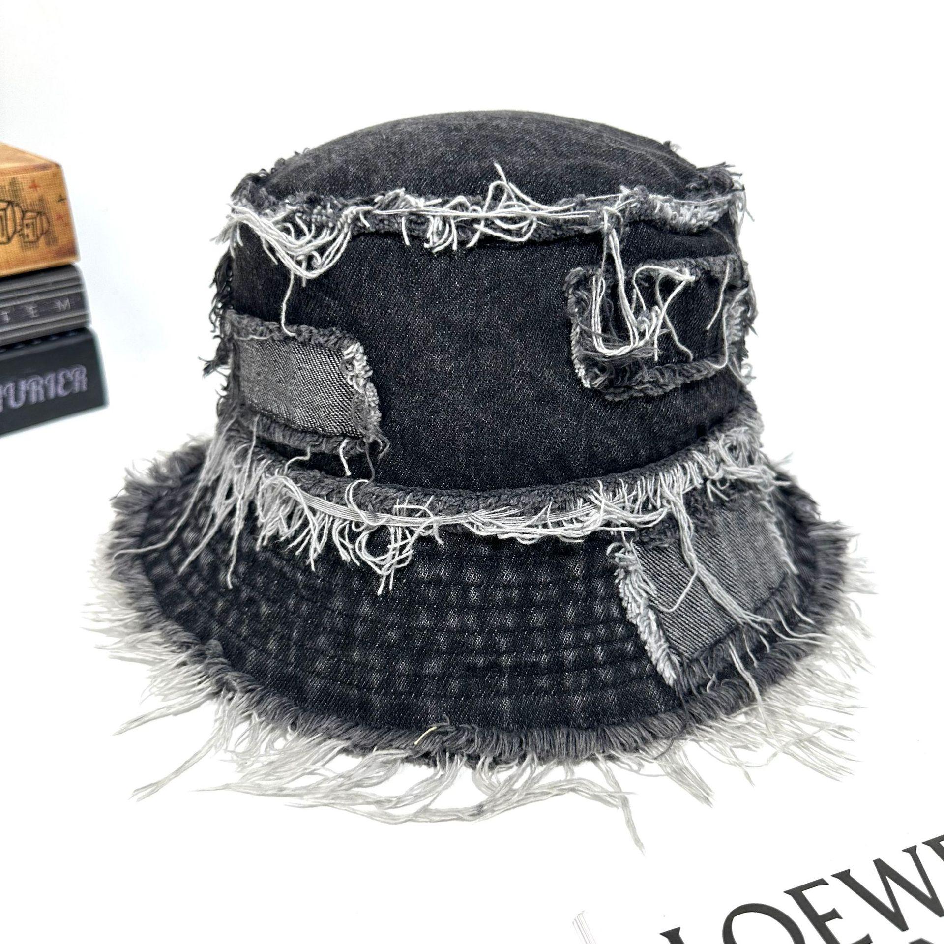 

Washed Denim Bucket Hat Women S Summer Rough Edge Big Brim Shows Washbasin Hat Tide M（56-58cm） чорний