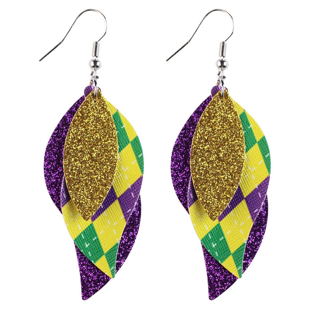Carnival Three-Layer Leather Earrings, Cross Pattern Single-Sided Printing Scallion Powder Fine Powder Water Droplets Leaves
