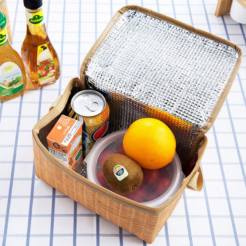Portable Insulated Thermal Cooler Lunch Box Imitation Rattan Picnic Container