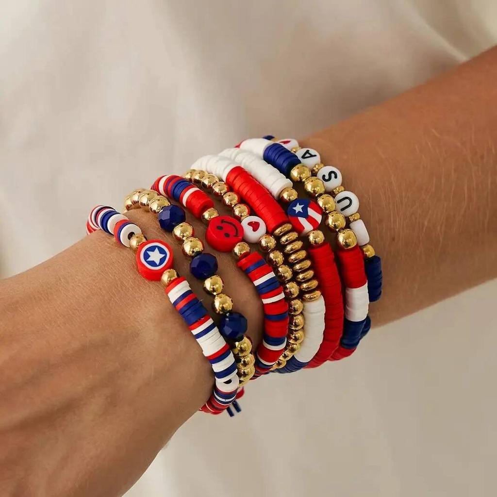 SHIXIN Hip Hop Red Blue Bead Chain Elastic Bracelet Set for Women Vintage Multi Layer Stackable Bangle Festival Jewelry Gift