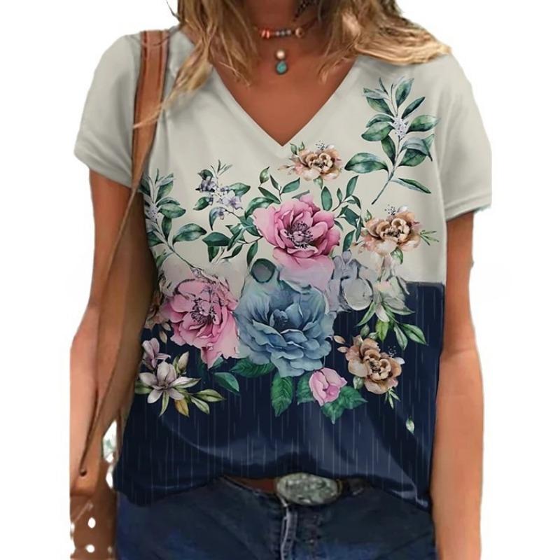 Spring Summer Pullover Abstract Retro Printed Street Short Sleeve Multicolour Loose Fit V-Neck T-Shirt