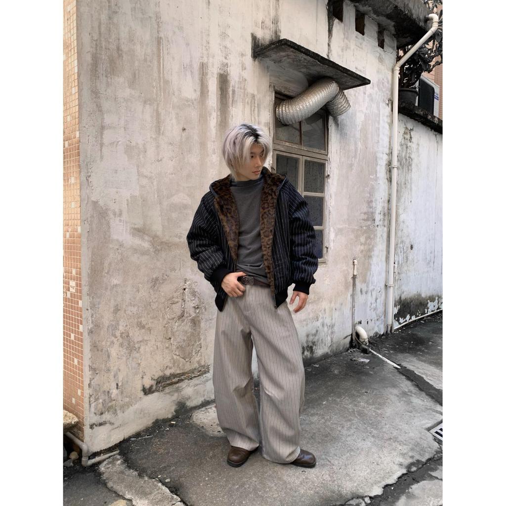 Black Leopard Print Retro Hooded Cotton Jacket with Vertical Stripes for Men & Women
