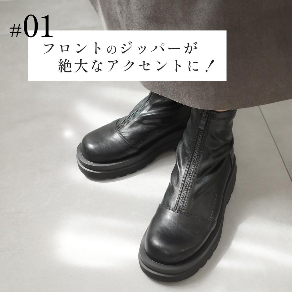 [AmiAmi] Platform Boots, Front Zip Boots, Women's Short Boots, Black Track Sole, SH214 (S (22.5cm-23.0cm), Black (Smooth))