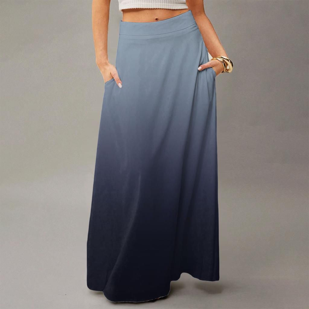 Women's Casual Leisure Foldable Gradient Print High Waist With Pocket Draped  Relaxed Long Maxi Skirt