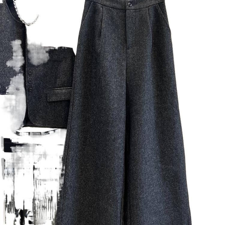 Women's Sleeveless Wool Fashion Suit: Single-Breasted Vest with Semi-Elastic Waist and Casual Wide-Leg Pants