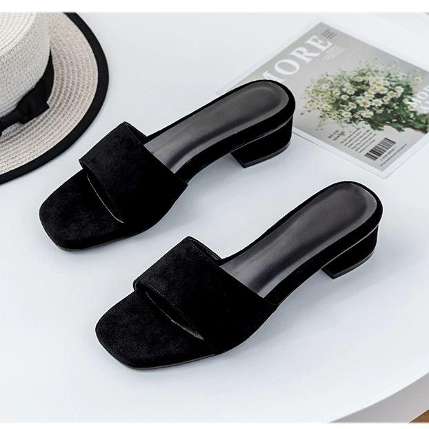 

Thick-heeled slippers femininity 2025 summer and autumn new outer wear Korean version versatile open-toed one-word suede high-heeled sandals 40 чёрный