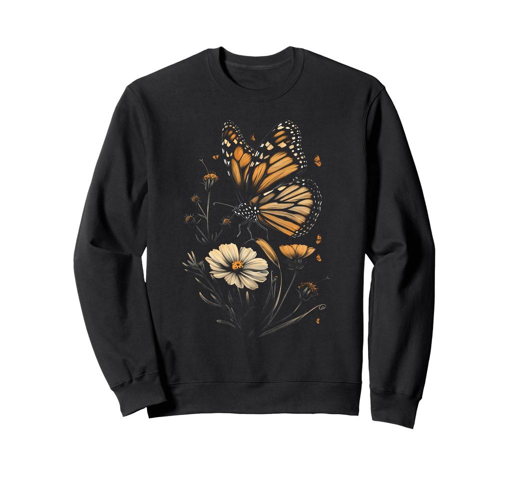Vintage Monarch Butterfly and Coreopsis Flower Girl Plant Sweatshirt for Mom