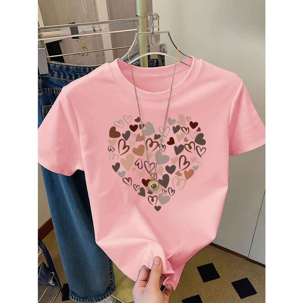 

Women s T-Shirt with Heart Necklace Design Short Sleeve Round Neck Colorful Heart Print Comfort Fit for Women Top Casual Wear S