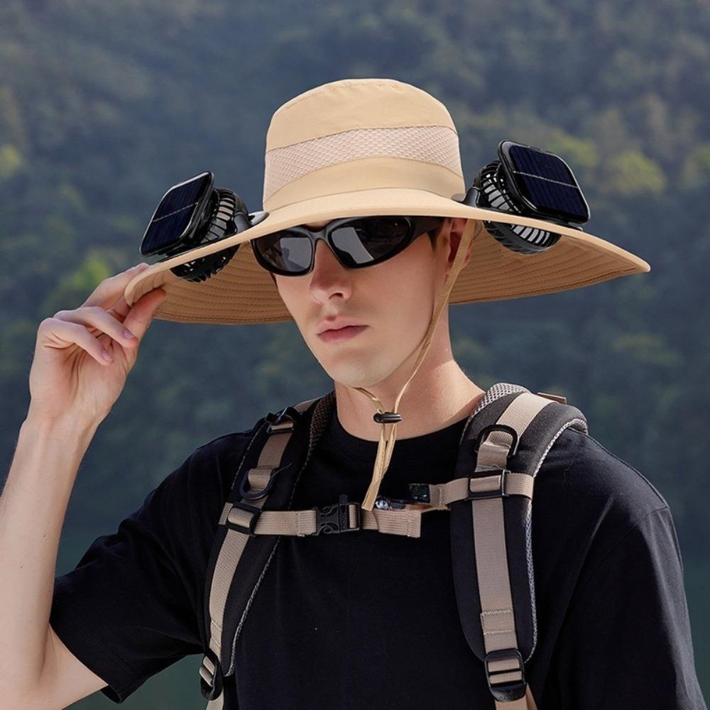 Men Solar Powered Dual Fan Hat, Summer Outdoor Mountaineering Fishing Sun Hat, Wide Brim Breathable UV Protection Fisherman Cap