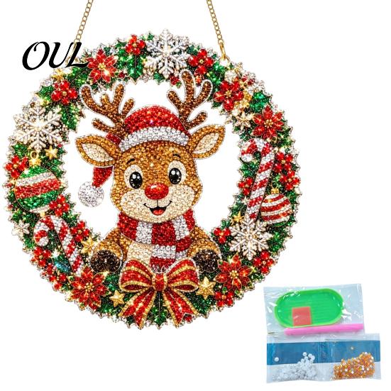 Handmade Christmas Home Decor Faux Diamond Art Ornament, DIY Santa Claus Sun Catcher Kit, Rhinestone Parent Child Interactive Crafts Xmas Wreath