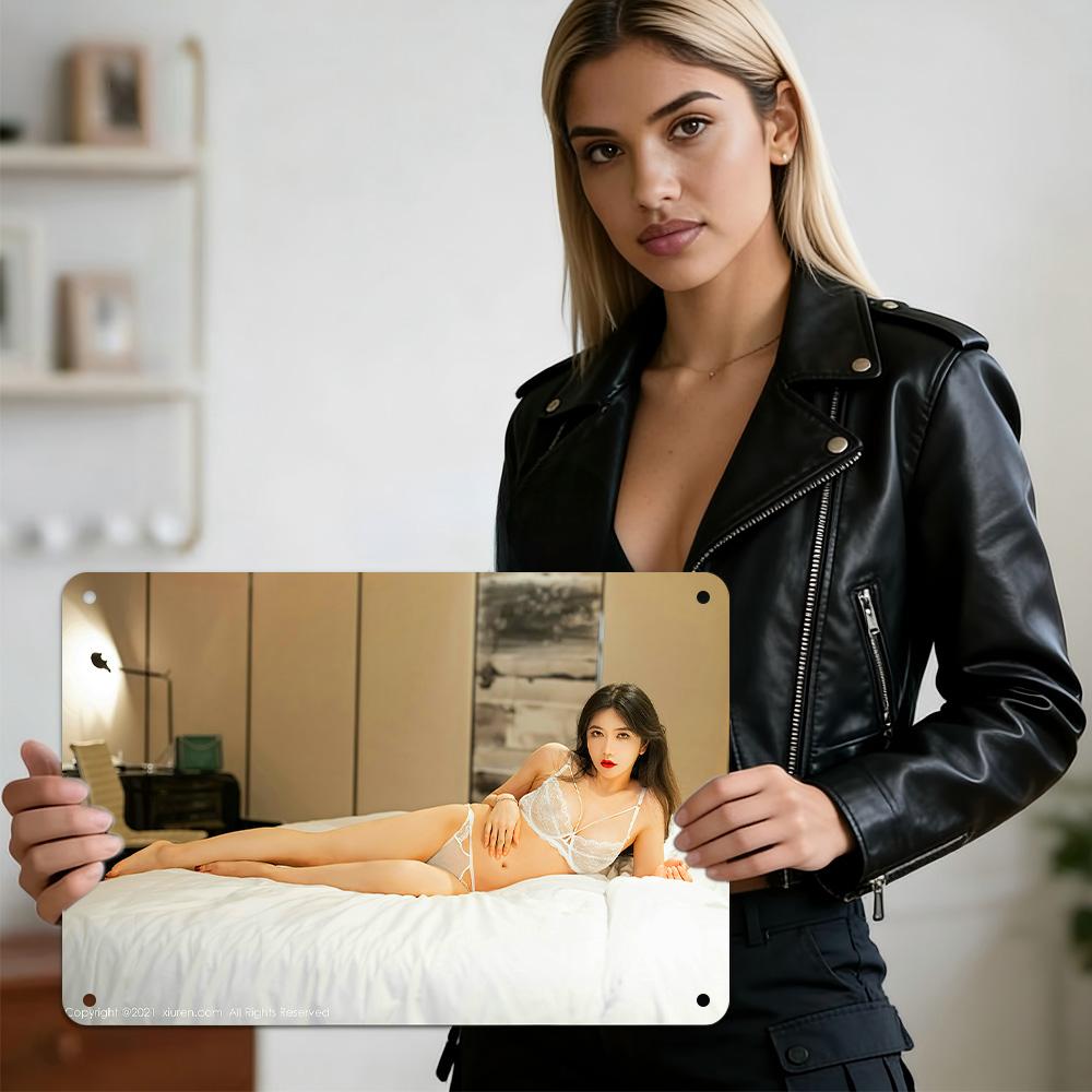 

HD Metal Tin Sign Elegant Boudoir Portrait of East Asian Woman in White Lingerie Lying on White Bedding with Modern Bedroom Back 20x30cm（7.8x11.8inch）