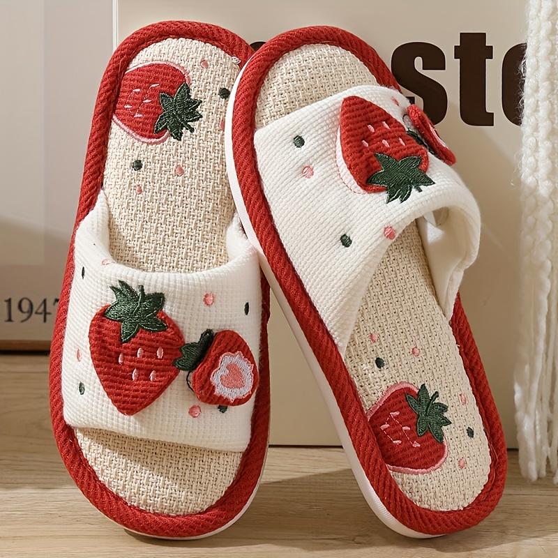 Cute Strawberry Pattern Linen Slippers, Open Toe Breathable Soft Sole Flat Shoes, Comfy Indoor Floor Slippers