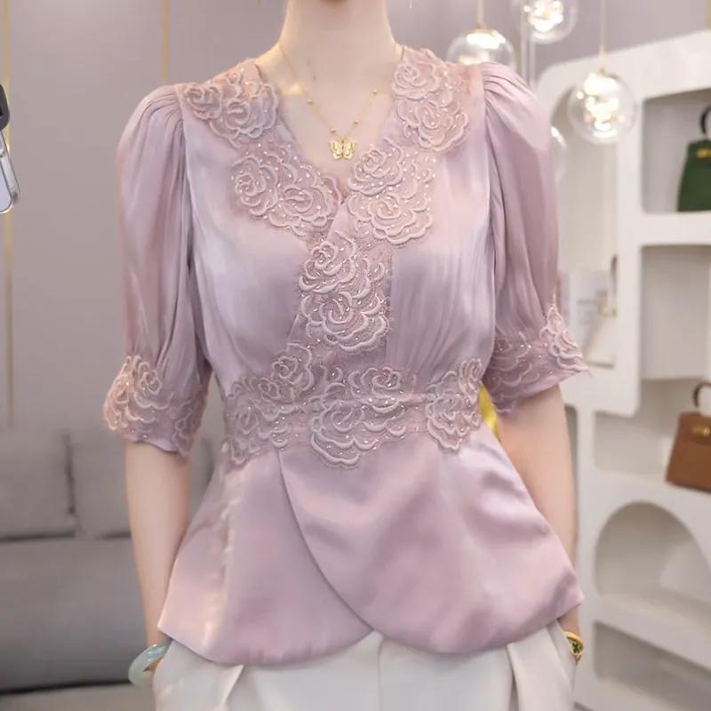 Französisches Süßes Spitzen-Spleiß Kurzarmhemd Damen Sommer Neue Mode Vielseitiges Oberteil