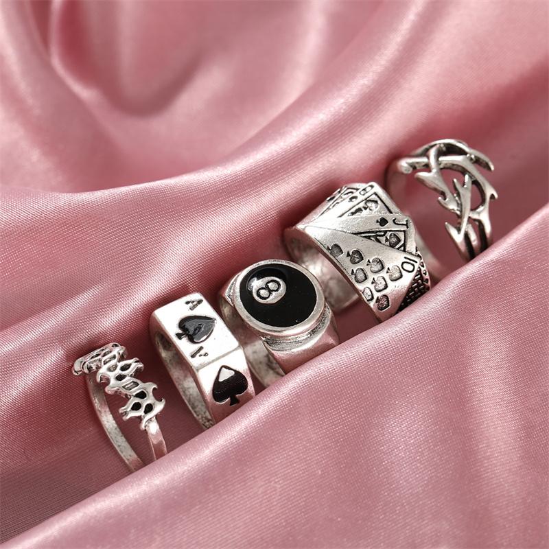 Punk Gothic Poker Ring Set for Women Vintage Spades Ace Silver Color Plated Retro Rhinestone Charm Billiards Ring Finger Jewelry