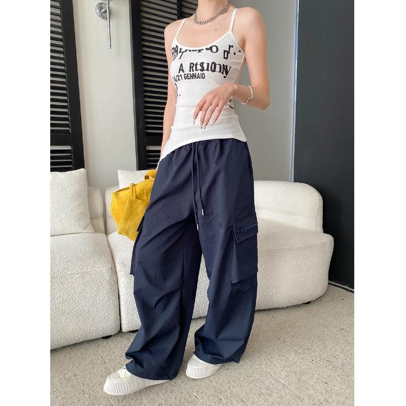 Urban street, American retro drawstring elastic high waist casual paratrooper tooling wide leg pants SN M тёмно-синий