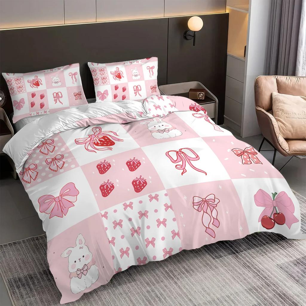 3pc Bedding Pink Rabbit Bow Strawberry Print (1 Set +2 Pillowcases, No Core), Bedding, Various Size To Meet Different Needs