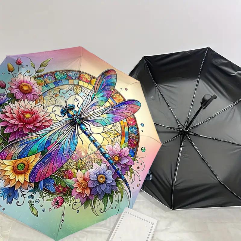 1PC Dragonfly FlowersAutomatic Open/Close Umbrella with Windproof, 8-Rib Sturdy Canopy, Durable Ribs, Fashionable Design, Outdoor Accessory, Fun Prin,