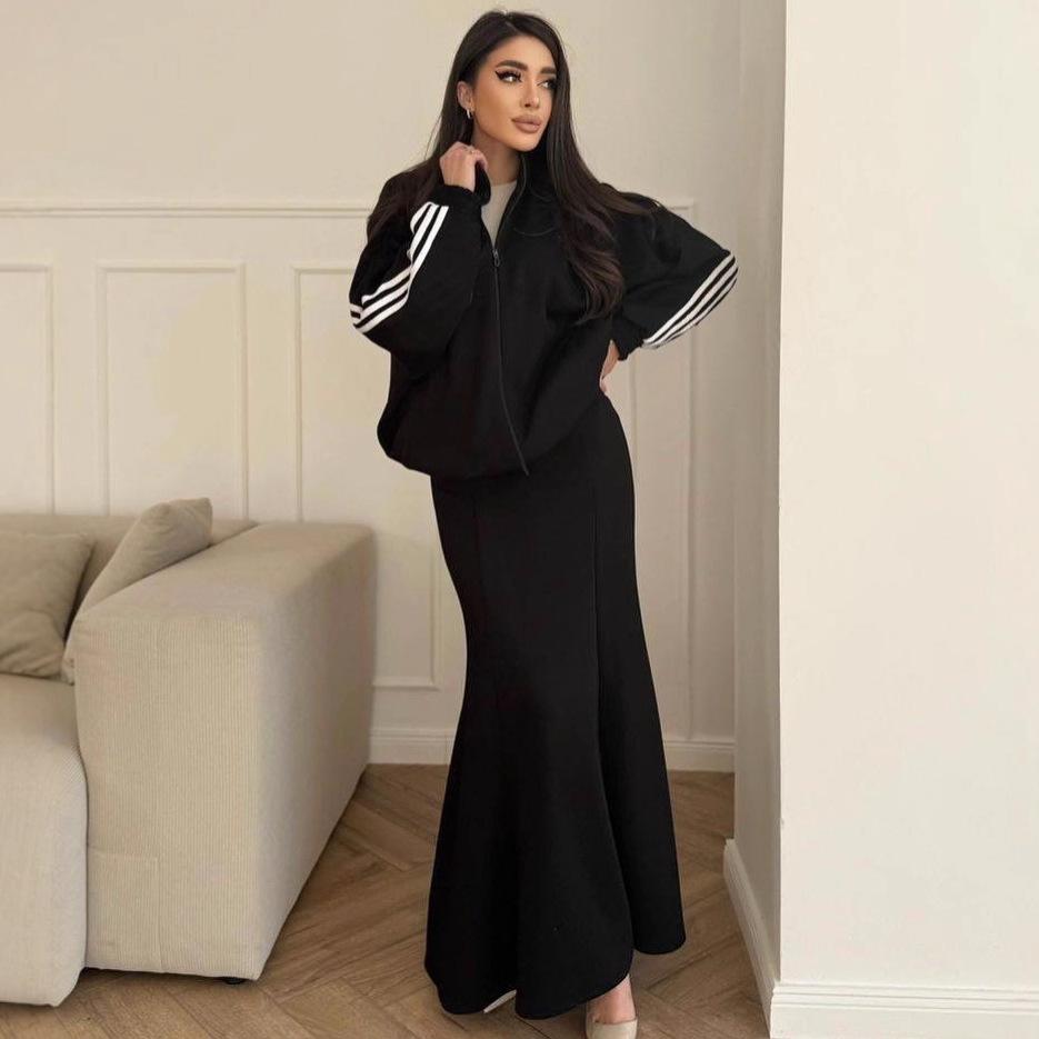 2025 Cross-border European and American Autumn New Sports Zipper Jacket Cardigan Temperament Celebrity Casual Hip Skirt