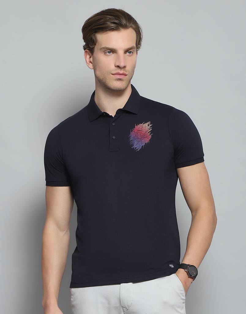 Monte Carlo Mens Printed Navy Blue Collar Neck Half Sleeve T-Shirt