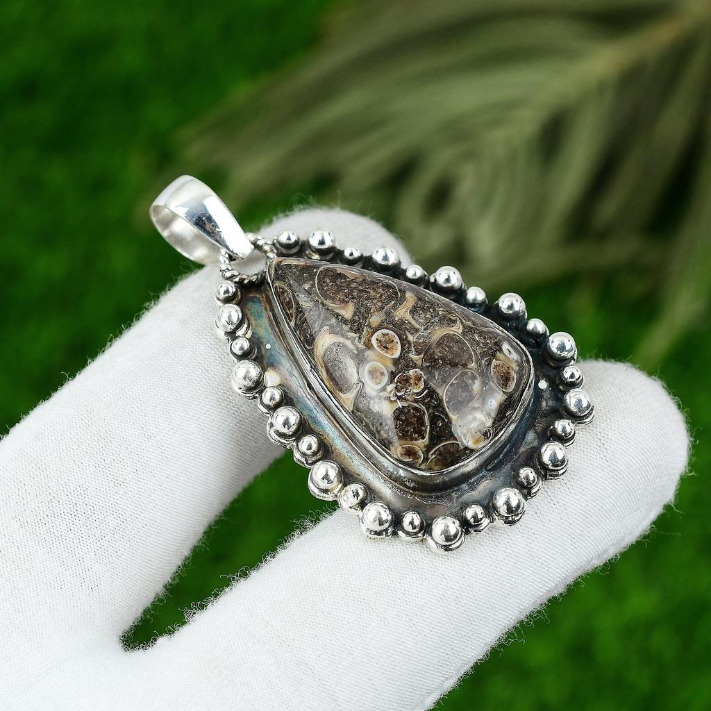 Pear Natural Turritella Agate Anniversary Engagement Bezel Pendant 925 Silver