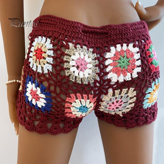 Women Crochet Beach Shorts Hollow Out Colorful Print Super Short Drawstring Elastic Waist High Waist Slim Fit Vacation Bikini Shorts