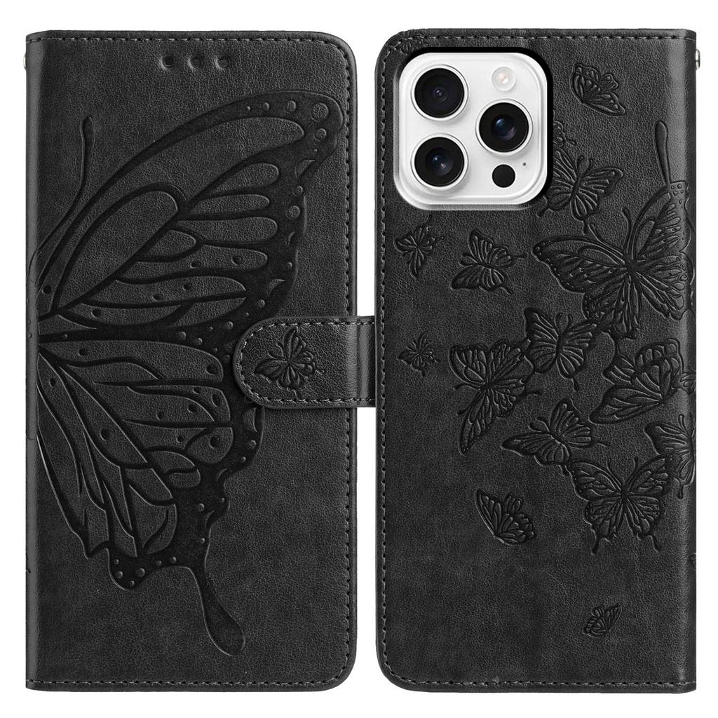 For iPhone 16 Pro Case Butterfly Imprinted Wallet Stand PU Leather Flip Phone Cover with Strap