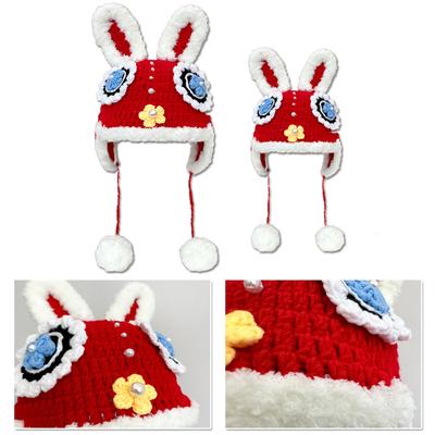Handmade Crochet Rabbit Tiger Head Hat Men Women Chinese New Year Lion Dance Earflap Bomber Winter Thick Ski Cap for Kids Warm Gift