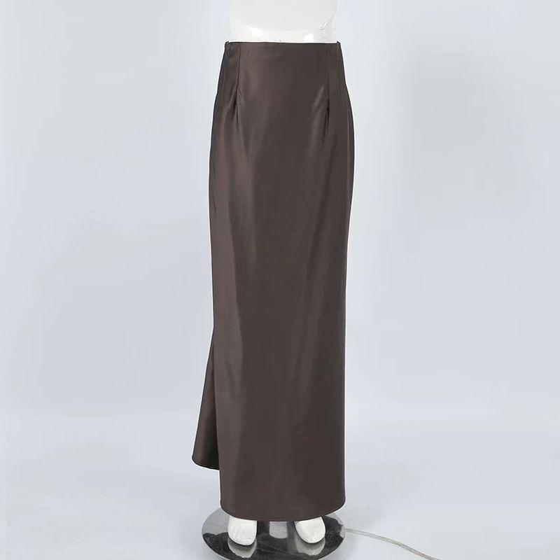

Western Style Matte Satin High Waist Slim fit Fishtail Skirt High Waisted Fish Tail Skirt Brown L