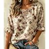 Women's Sweet Bow Print Tie Neck Blouse Ruffle 3/4 Sleeve Loose Fit Cute Daily Dating Holiday Shirt