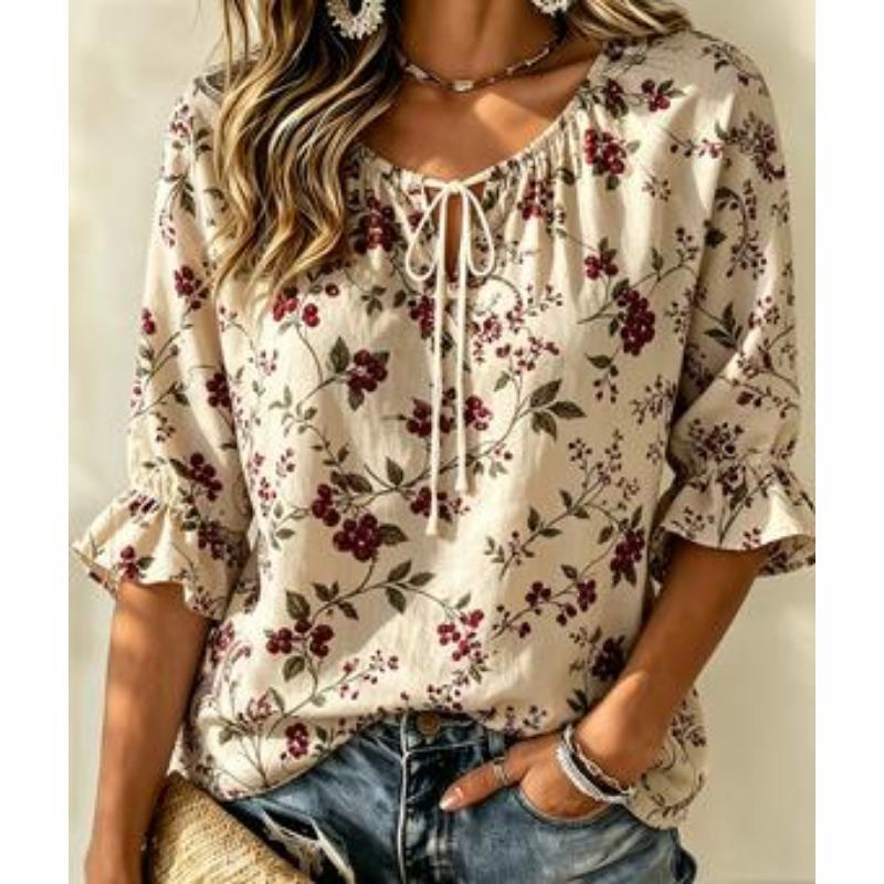 Women's Sweet Bow Print Tie Neck Blouse Ruffle 3/4 Sleeve Loose Fit Cute Daily Dating Holiday Shirt