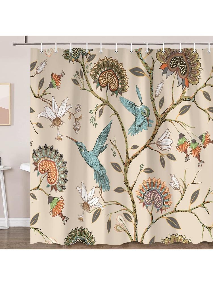 

Boho Floral Shower Curtain,Spring Unique Vintage Brown Plant And Bird Teal Hummingbird, Polyester Fabric Bathroom Decor Set With W60H190(CM)-1 Pcs