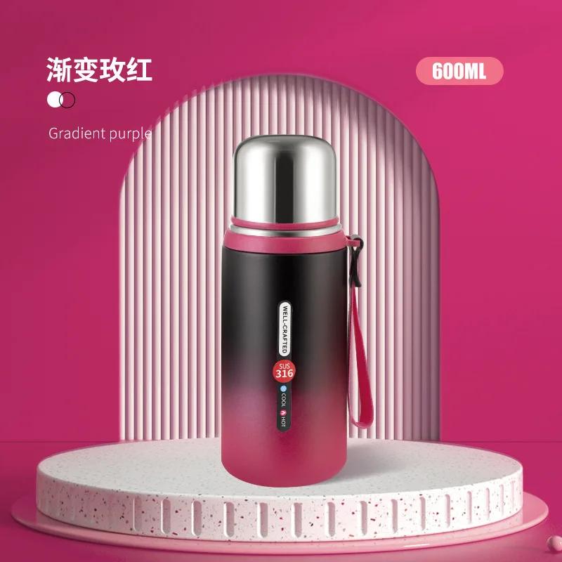 600/800ml 316 Stainless Steel Insulated Water Bottle, Leakproof Outdoor Flask with Carry Strap for Hiking