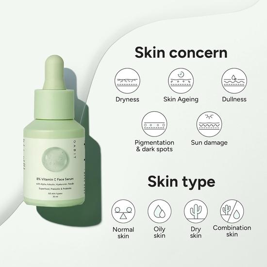 Gabit 8% Vitamin C Face Serum for Glowing Skin | Brightening Serum for Dark Spots, Tanned & Dull Skin; Hydrates |30 ml