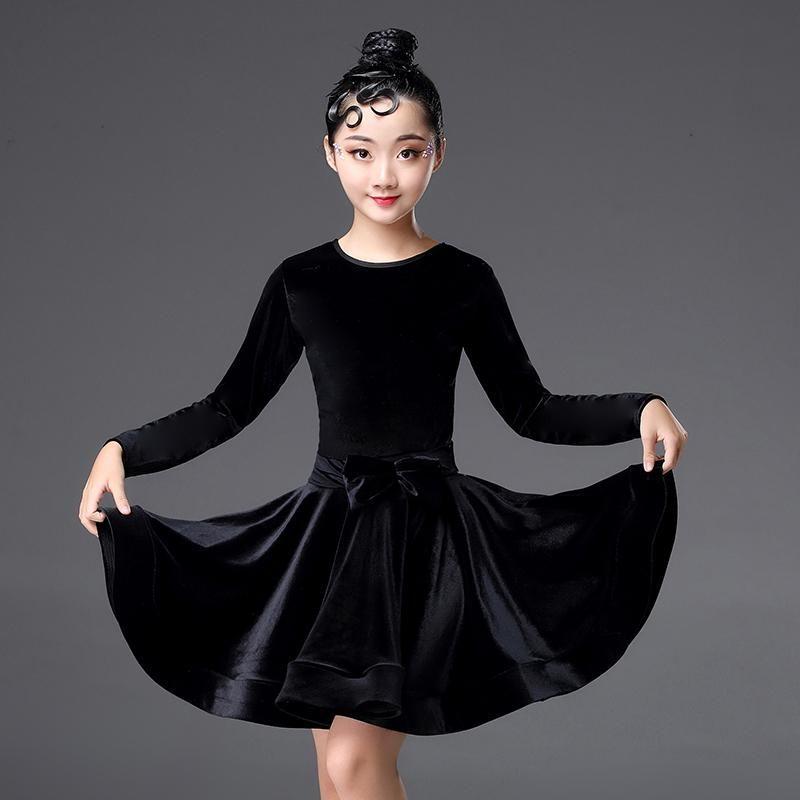 Latin Dance Dress Latin Dress Costume Kids Ballroom Costume for Girls Pleated Skirt Professional Long Sleeves Salsa Rumba Cha Ch