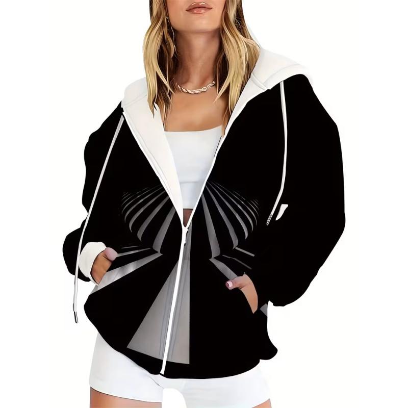 Women's 3D Printed Zipper Hooded Sweatshirt, Long Sleeves, Casual Sport Style