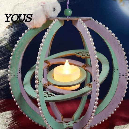 Wooden Lantern Toy DIY Kit for Mid-Autumn Festival, Hollow Rotating Ring with Rabbit, Handmade LED Candle Tassels