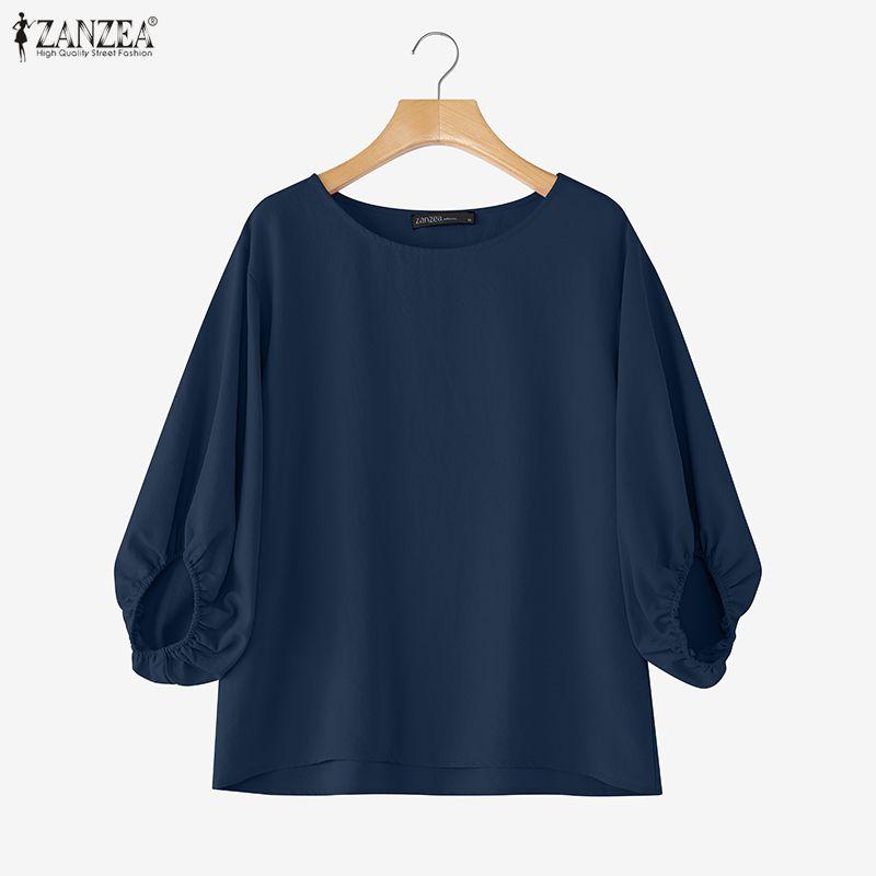 ZANZEA Blusa informal de mujer con cuello redondo, color liso, manga 3/4