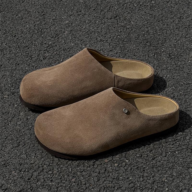 2025 nové výklenkové kožené retro pantofle Muller s kulatou špičkou na jeden pedál, líná taška na hlavu, poloviční pantofle pro muže 45370-X