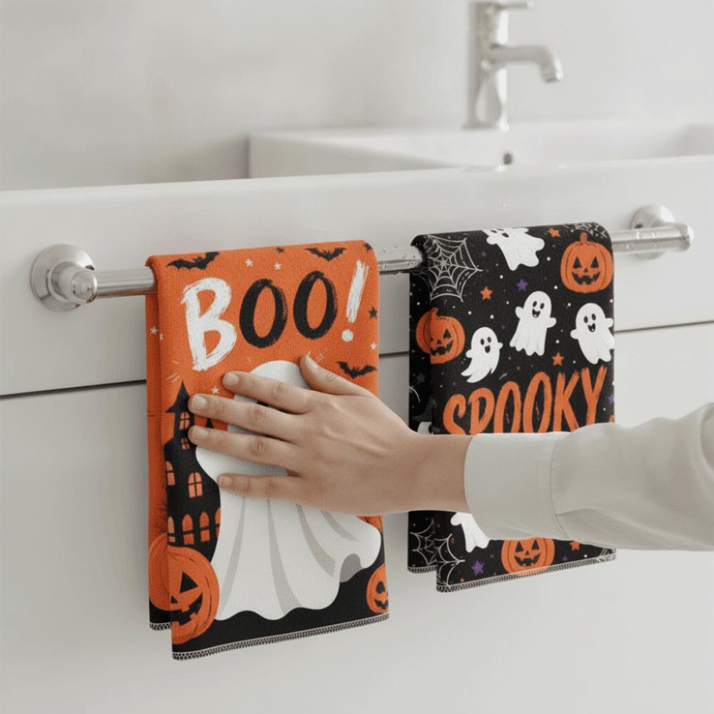2PCS Ghost Pumpkin Pattern Halloween Kitchen Towel Quick Drying Kitchen Dishcloth Bathroom