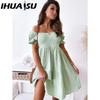 IHUASU Vestido Sexy con Cuello Abierto para Mujer Verano Plisado Manga Abullonada Espalda Descubierta Fiesta Vestidos de Playa Femenino Elegante Sólido Largo hasta la Rodilla