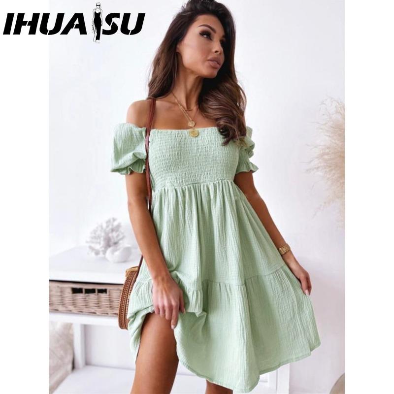 

IHUASU сексуальное платье с разрезом на шее женское летнее плиссированное платье с рукавами-фонариками и открытой спиной для вечеринок и пляжа женское элегантное однотонное платье длиной до колена XXL зелёный