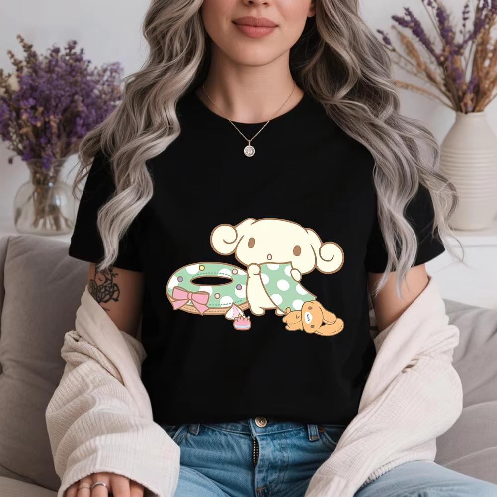 

2026 Summer Cinnamoroll Sweet Playtime Print Cotton T Shirt Womens Casual Comfort Short Sleeve Soft Breathable Daily Wear Top S