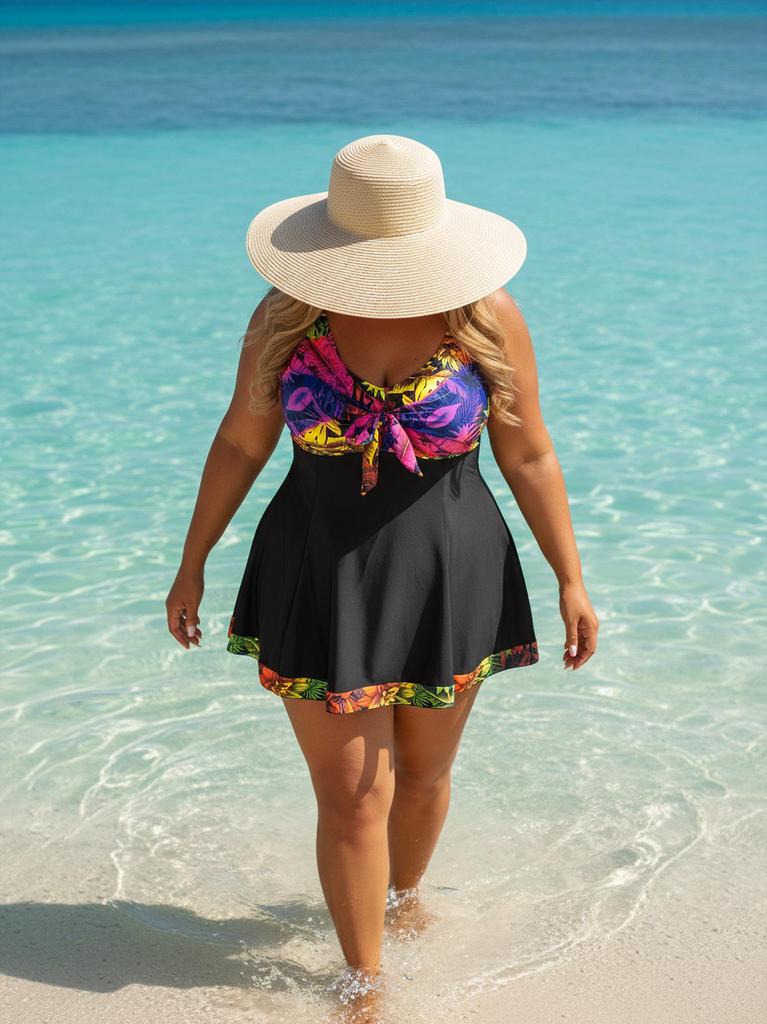 Grote Maat Dames Bloemen Patchwork Tankini Zwembroekrok Set