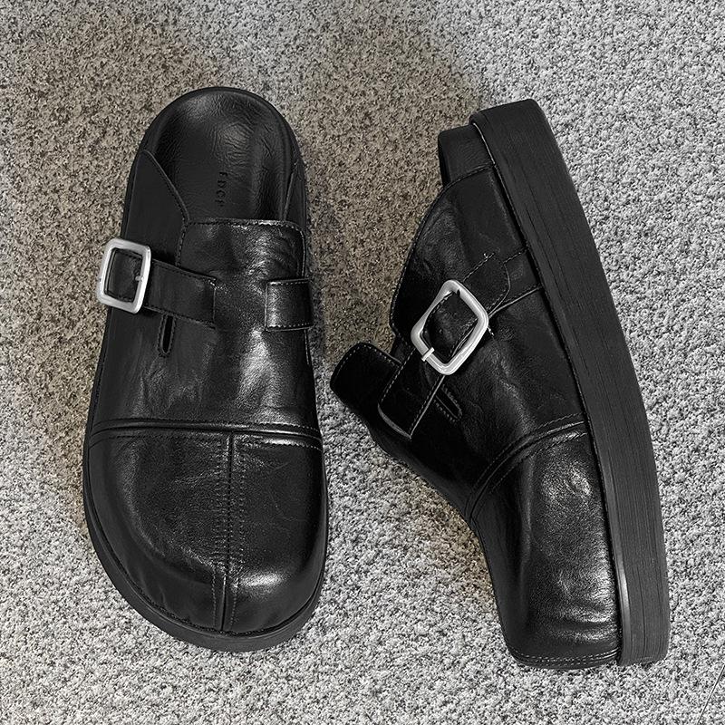 Big Head Premium Black Boken Shoes Heightened Platform Outer Wear One Pedal Retro Trendy Slippers 80521-J