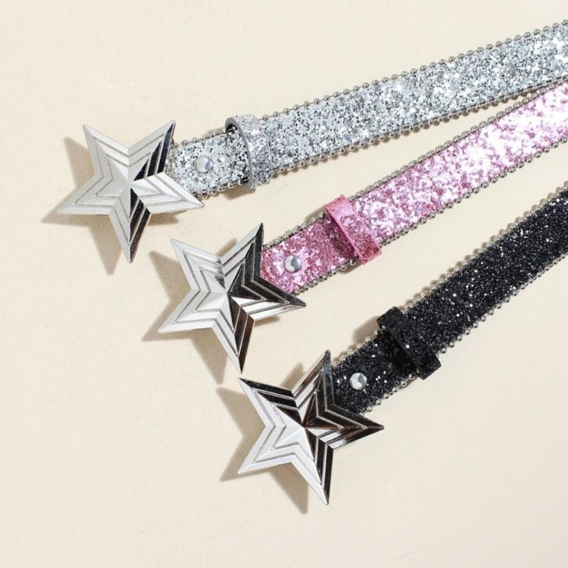 Star Buckles Belt for Women Jeans Pants Shimmering Sequined Belt Bead Trim Belt for Shorts 2000s Fashion Waist Accessories
