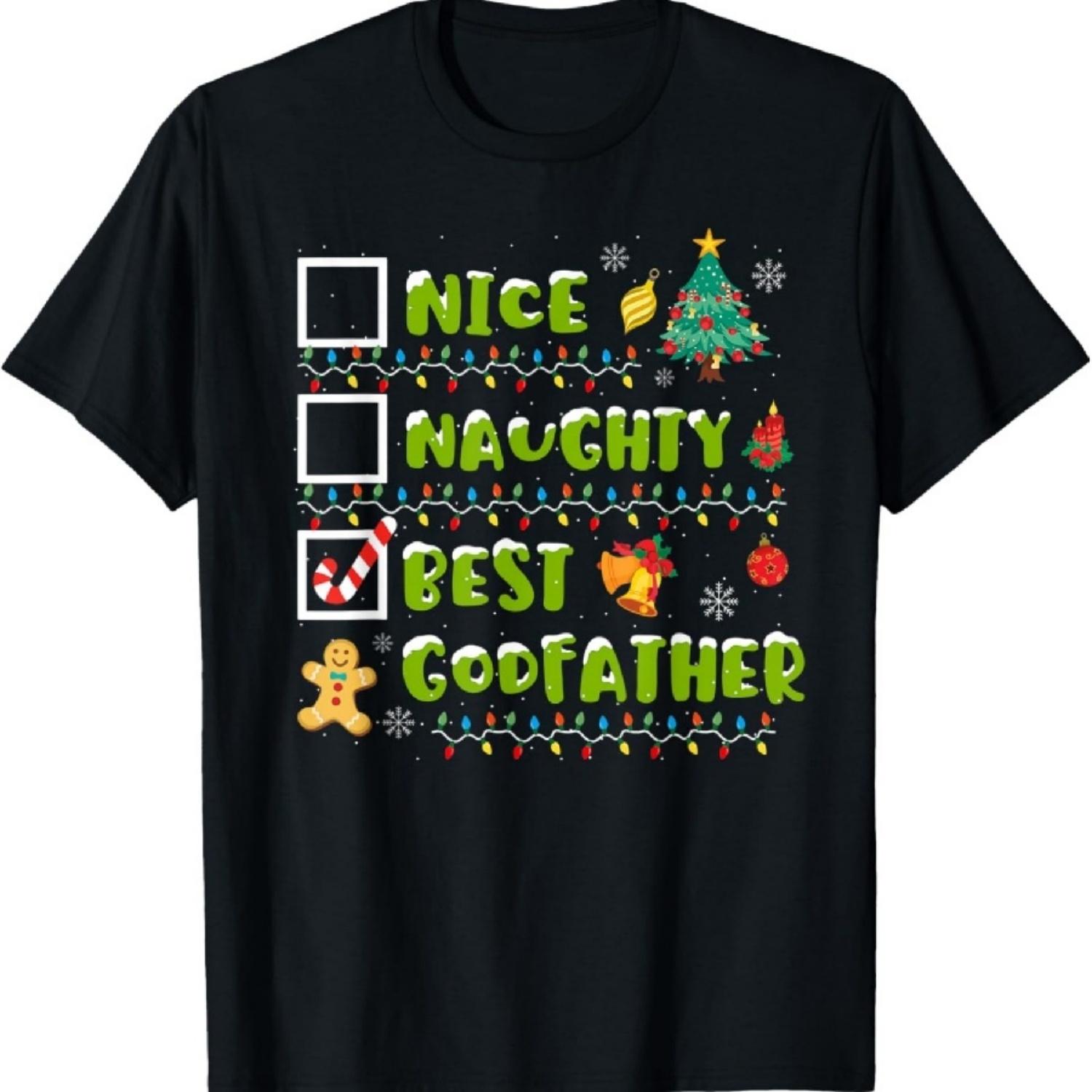 Mens Funny Nice, Naughty, Best Godfather Christmas Family T-Shirt XXXXXL чёрный