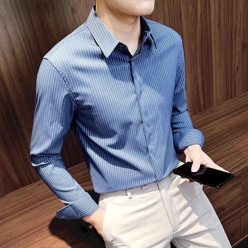 V-Ausschnitt Hemd Herren Langarm Trend Hübsches Schlank Casual Kragen Gestreiftes Hemd