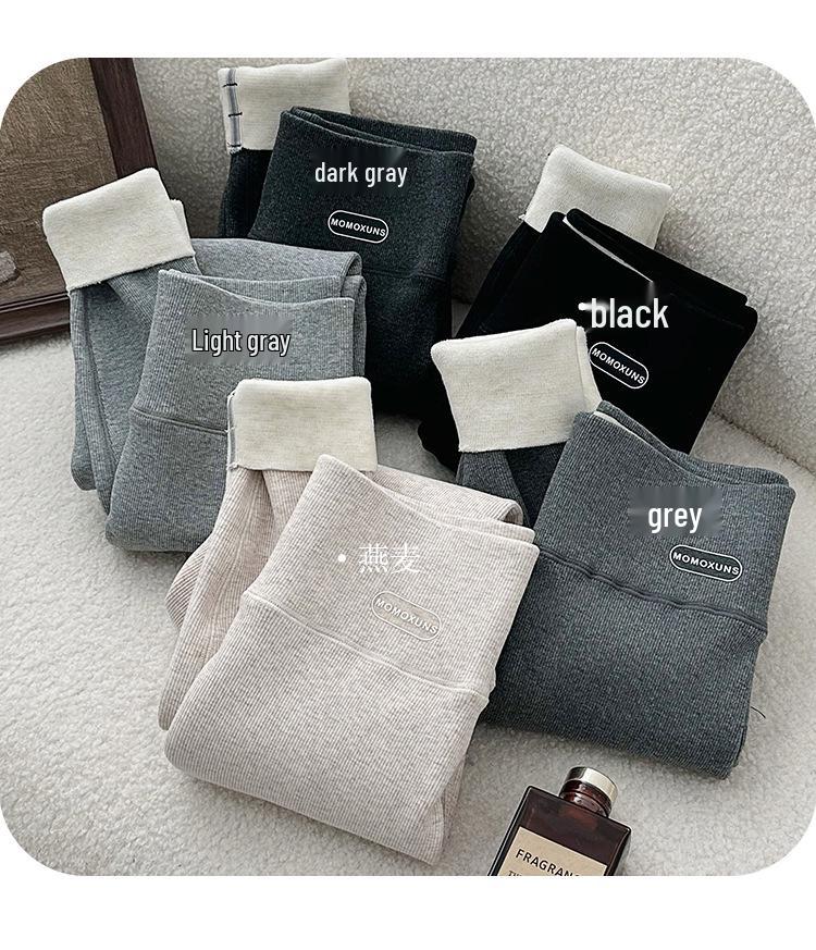 High Waist Warm Fleece-Lined Leggings - Vertical Stripe, Matte, Slimming Cotton for Autumn/Winter