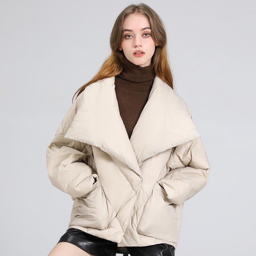 Quality goose down jacket women's short loose large size thickened warm large lapel design jacket
